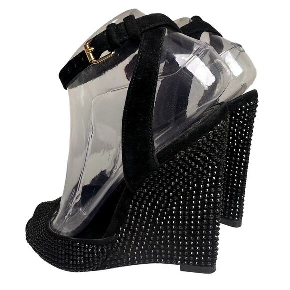 Tory Burch Black Suede Crystal Embellishments Wedge Sandals Sz 7 M Glam Mob Wife - Picture 4 of 16